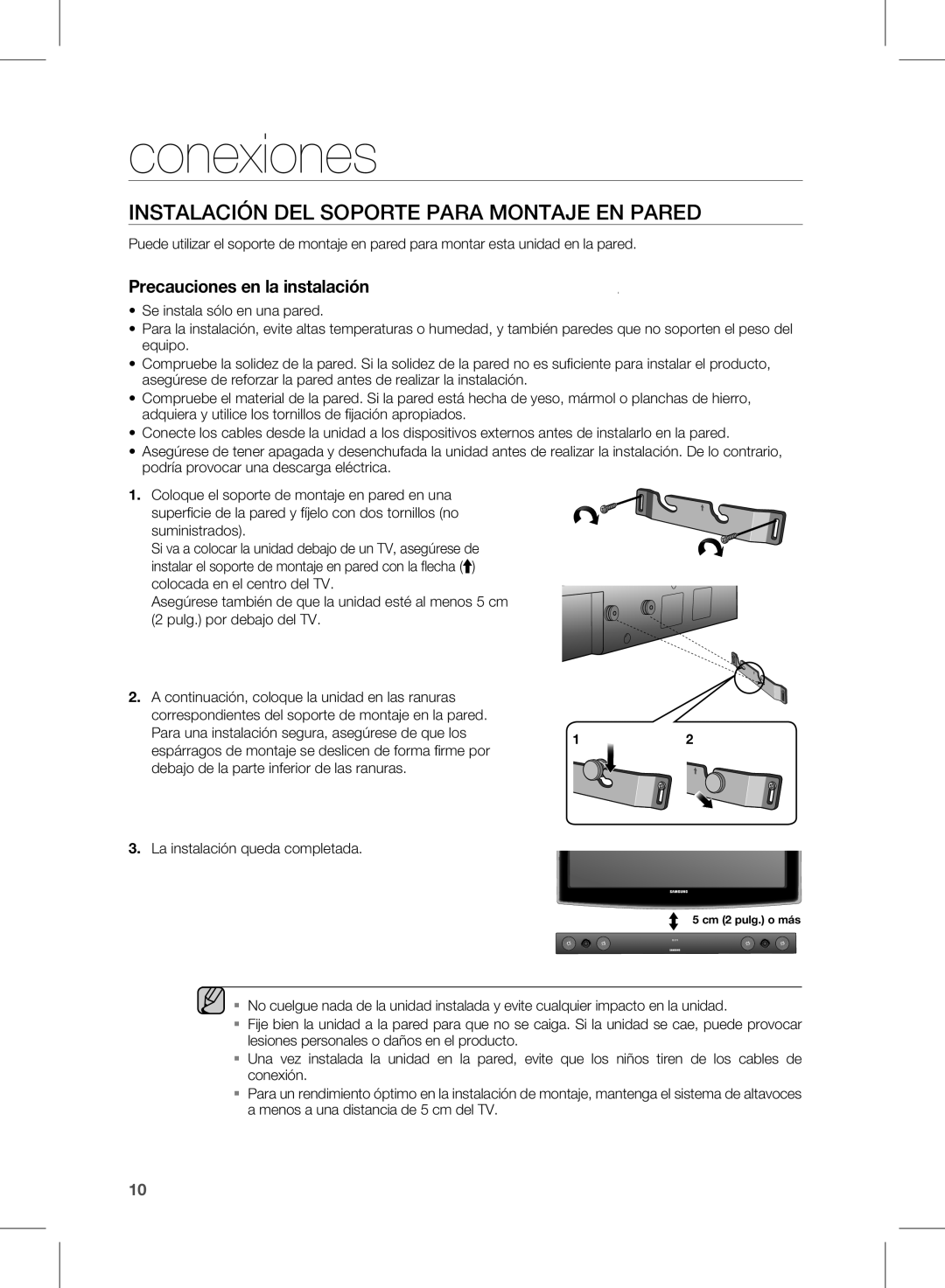 Samsung HW-E450/ZF manual Conexiones, Instalación DEL Soporte Para Montaje EN Pared 