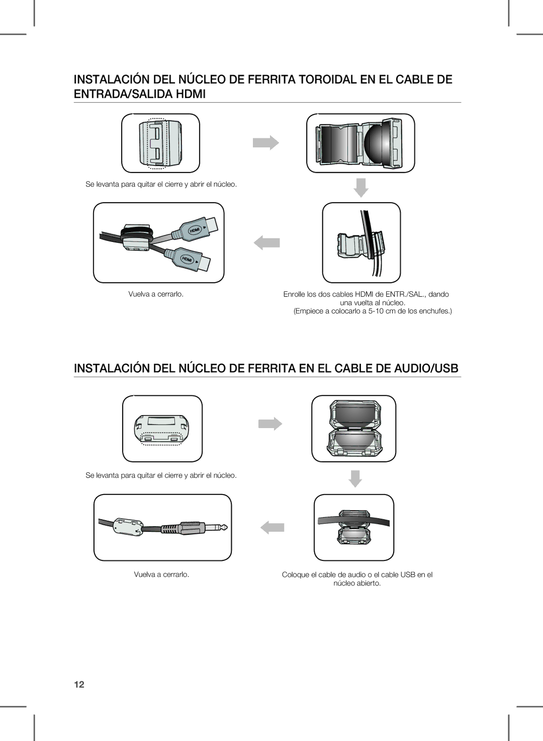 Samsung HW-E450/ZF manual InstalaciÓn del nÚcleO de ferrita en el caBle de aUdiO/UsB 