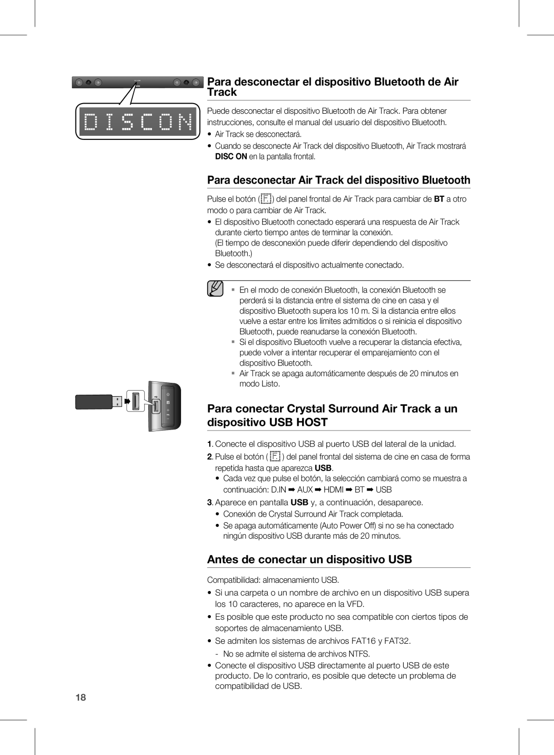 Samsung HW-E450/ZF manual Para desconectar el dispositivo Bluetooth de Air Track, Antes de conectar un dispositivo USB 