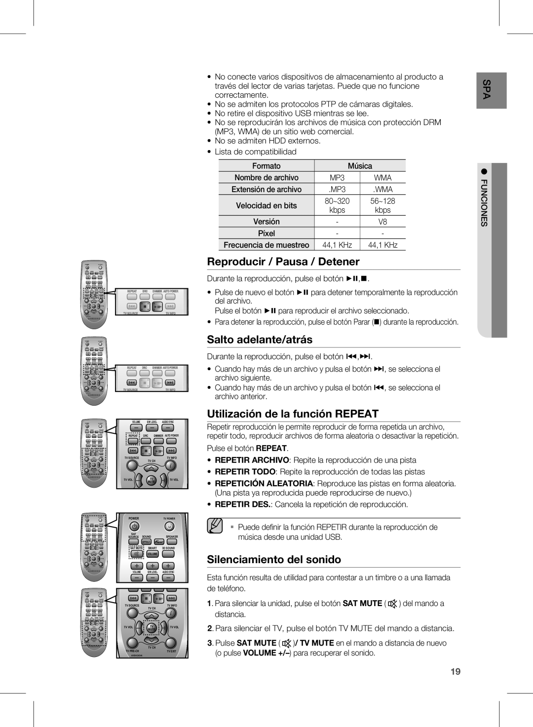 Samsung HW-E450/ZF manual Reproducir / Pausa / Detener, Salto adelante/atrás, Utilización de la función Repeat 