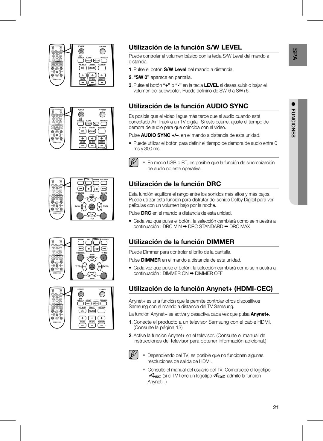 Samsung HW-E450/ZF manual Utilización de la función S/W Level, Utilización de la función Audio Sync 