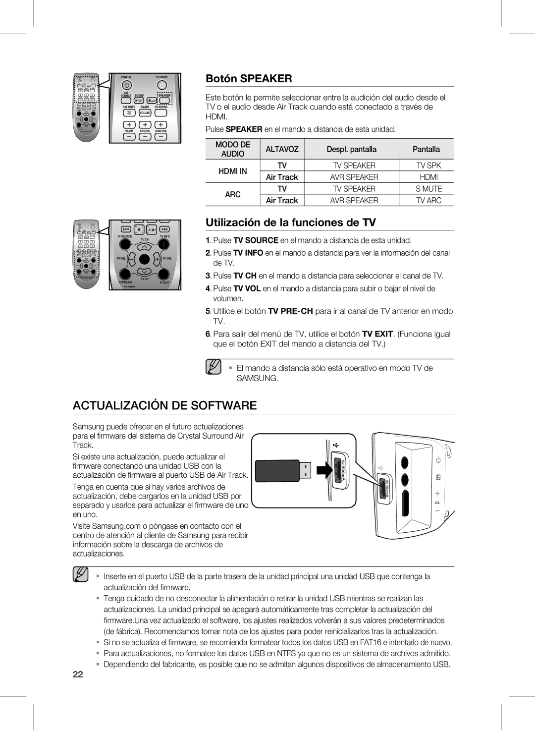 Samsung HW-E450/ZF manual Actualización DE Software, Botón Speaker, Utilización de la funciones de TV 