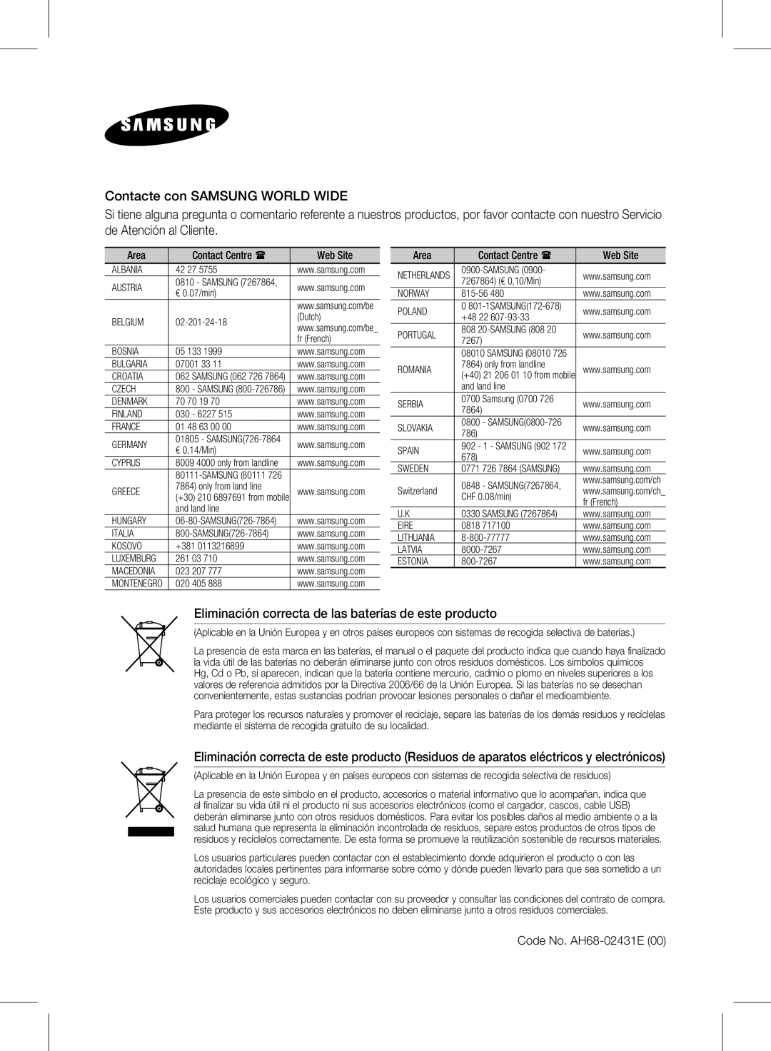 Samsung HW-E450/ZF manual Eliminación correcta de las baterías de este producto 