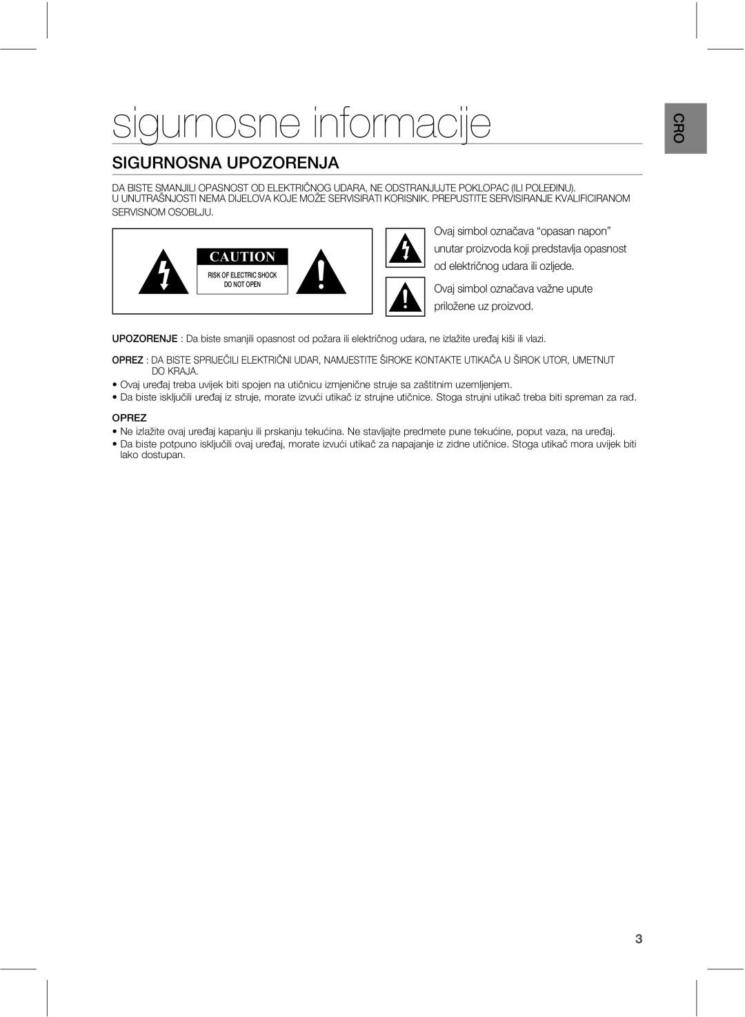 Samsung HW-E551/EN manual Sigurnosne informacije, 63/04/61003&/+, 0WBKTJNCPMPOBăBWBiPQBTBOOBQPOw 