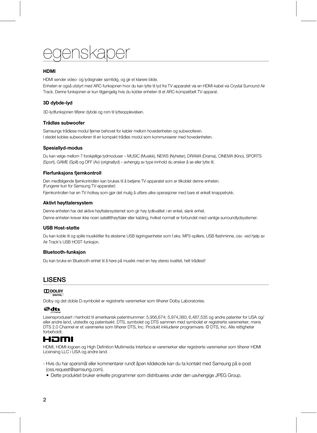 Samsung HW-E551/XE manual Egenskaper, 5SÌEM“TTVCXPPGFS 