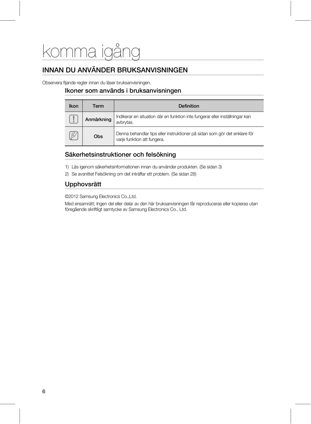 Samsung HW-E551/XE manual Komma igång, %6/7­/%&3#36,4/7*4, LPO 5FSN, Bwcszubt, WbskfGvolujpoBuuGvohfsb 