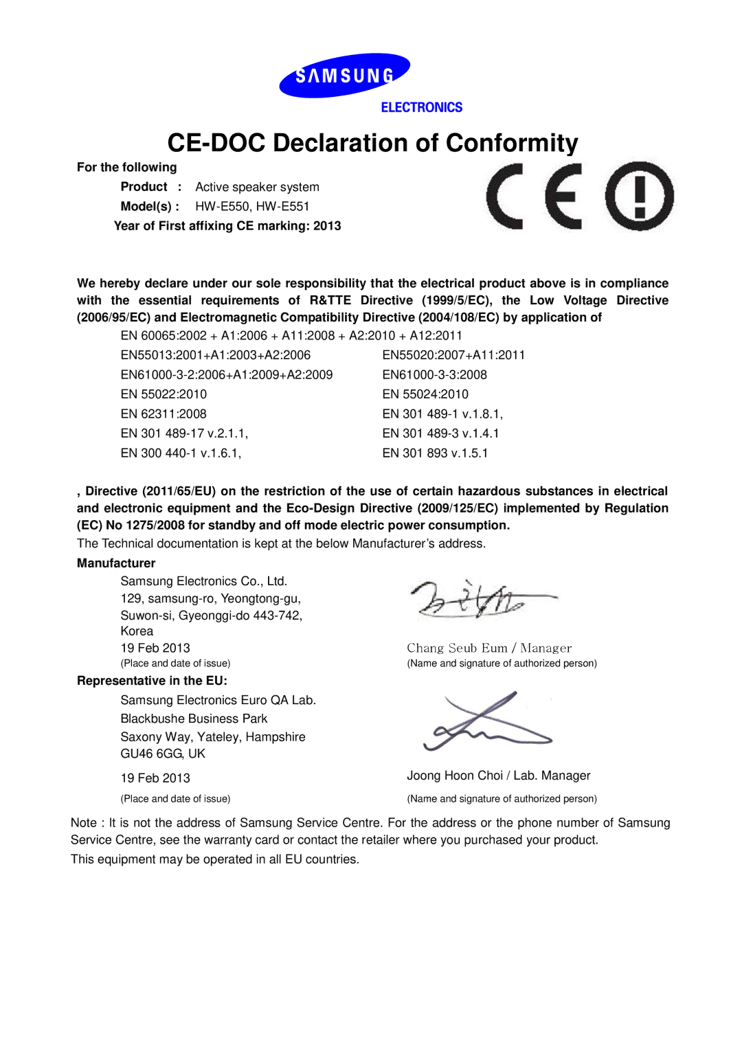 Samsung HW-E551/EN manual CE-DOC Declaration of Conformity, For the following, Manufacturer, Representative in the EU 