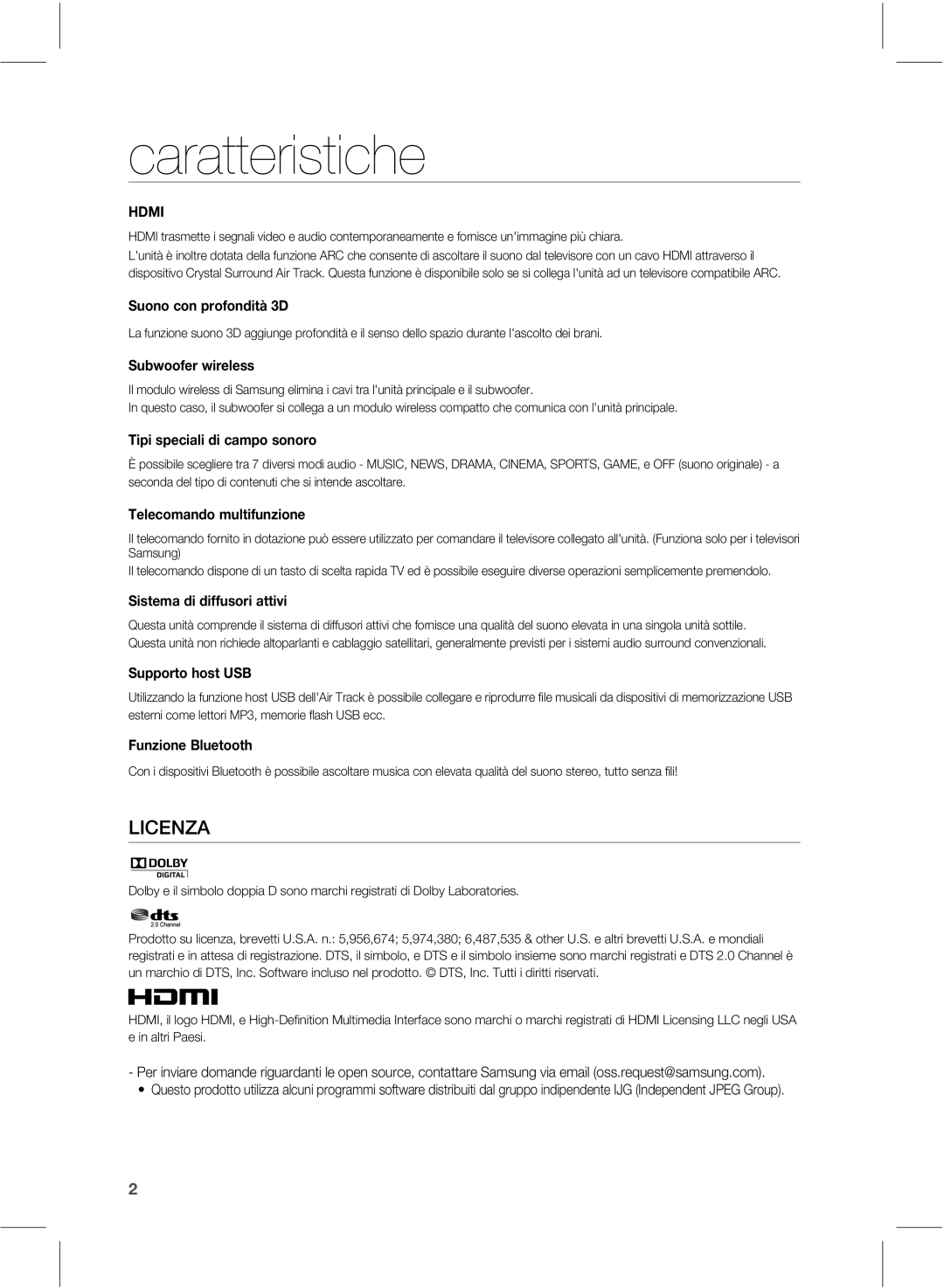 Samsung HW-E551/ZF manual Caratteristiche 