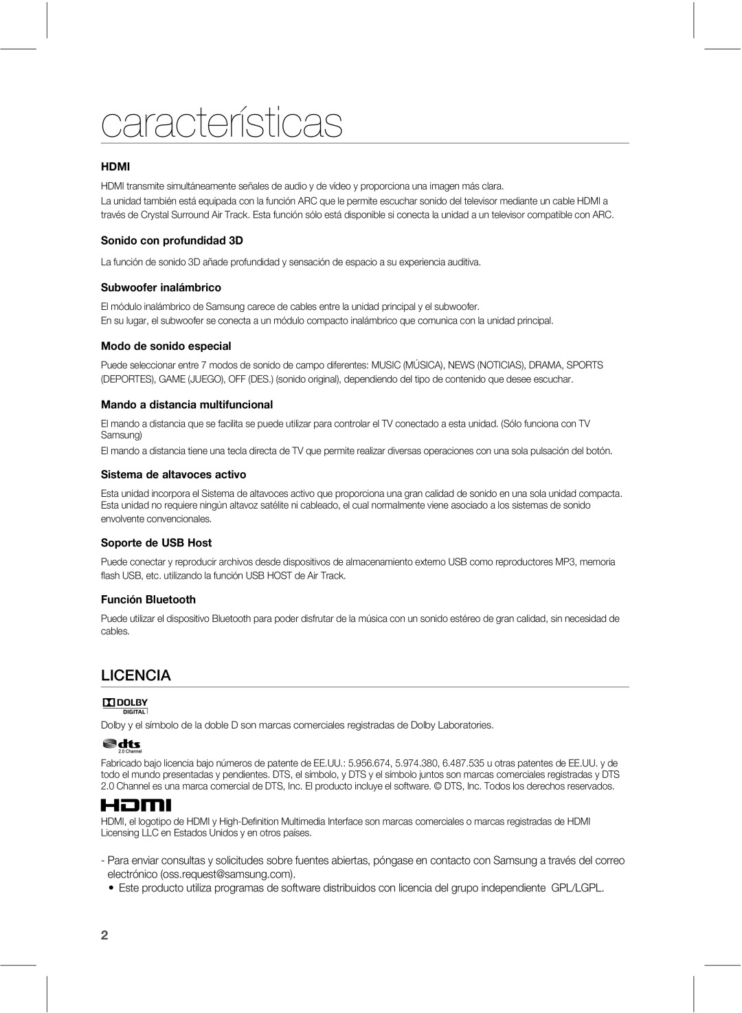 Samsung HW-E551/ZF manual Características 