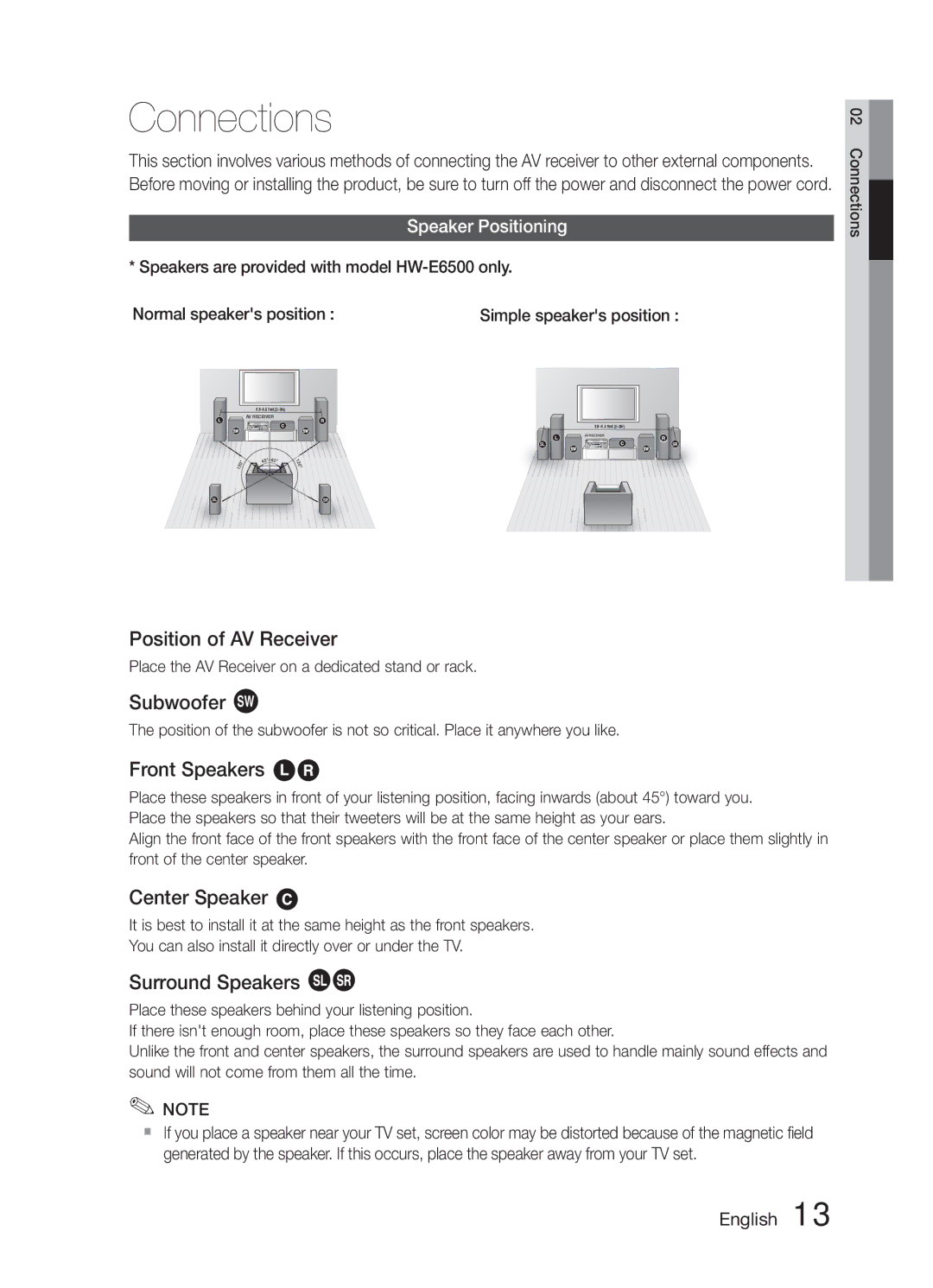 Samsung HW-E6500/XV manual Connections, Speaker Positioning 