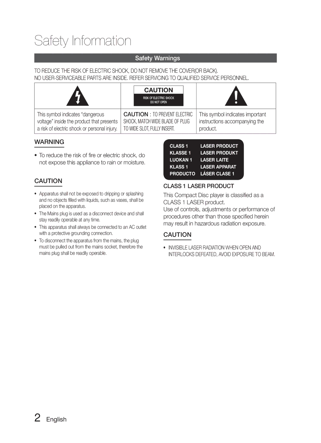 Samsung HW-E6500/XV manual Safety Information, Safety Warnings, English, Class 1 Laser Product 