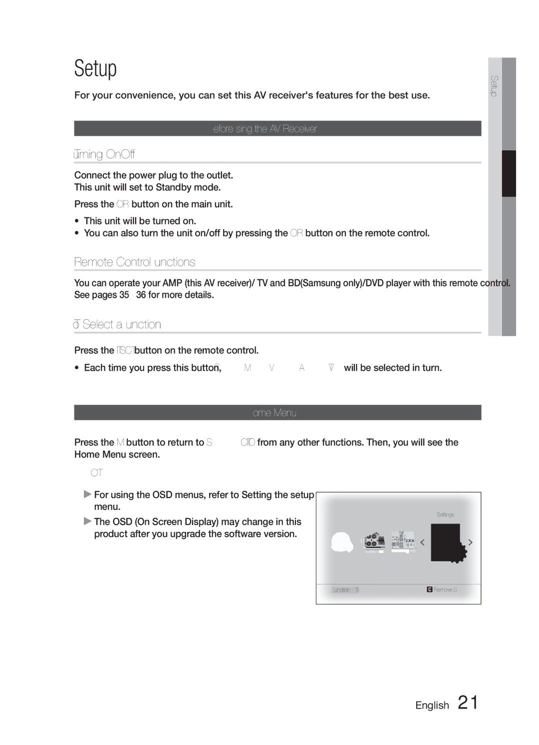 Samsung HW-E6500/XV manual Setup, Turning On/Off, Remote Control Functions, To Select a Function 