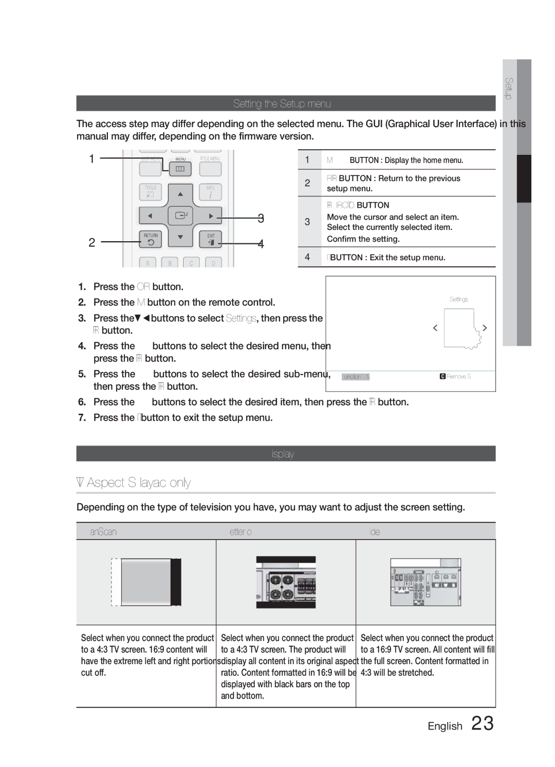 Samsung HW-E6500/XV manual TV Aspect USB Playback only, Setting the Setup menu, Display 