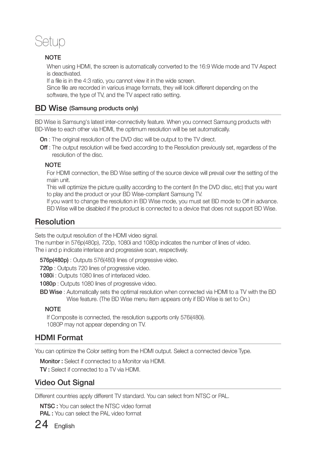 Samsung HW-E6500/XV manual Resolution, Hdmi Format, Video Out Signal 