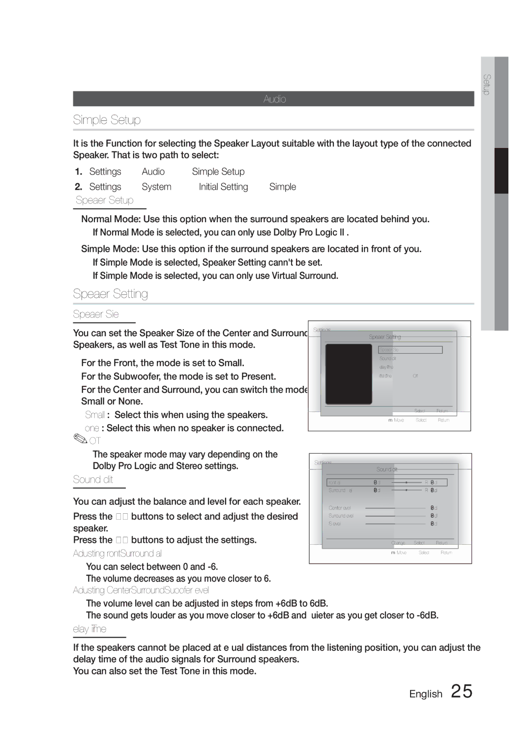 Samsung HW-E6500/XV manual Simple Setup, Speaker Setting, Audio, Speaker Size, Sound Edit 