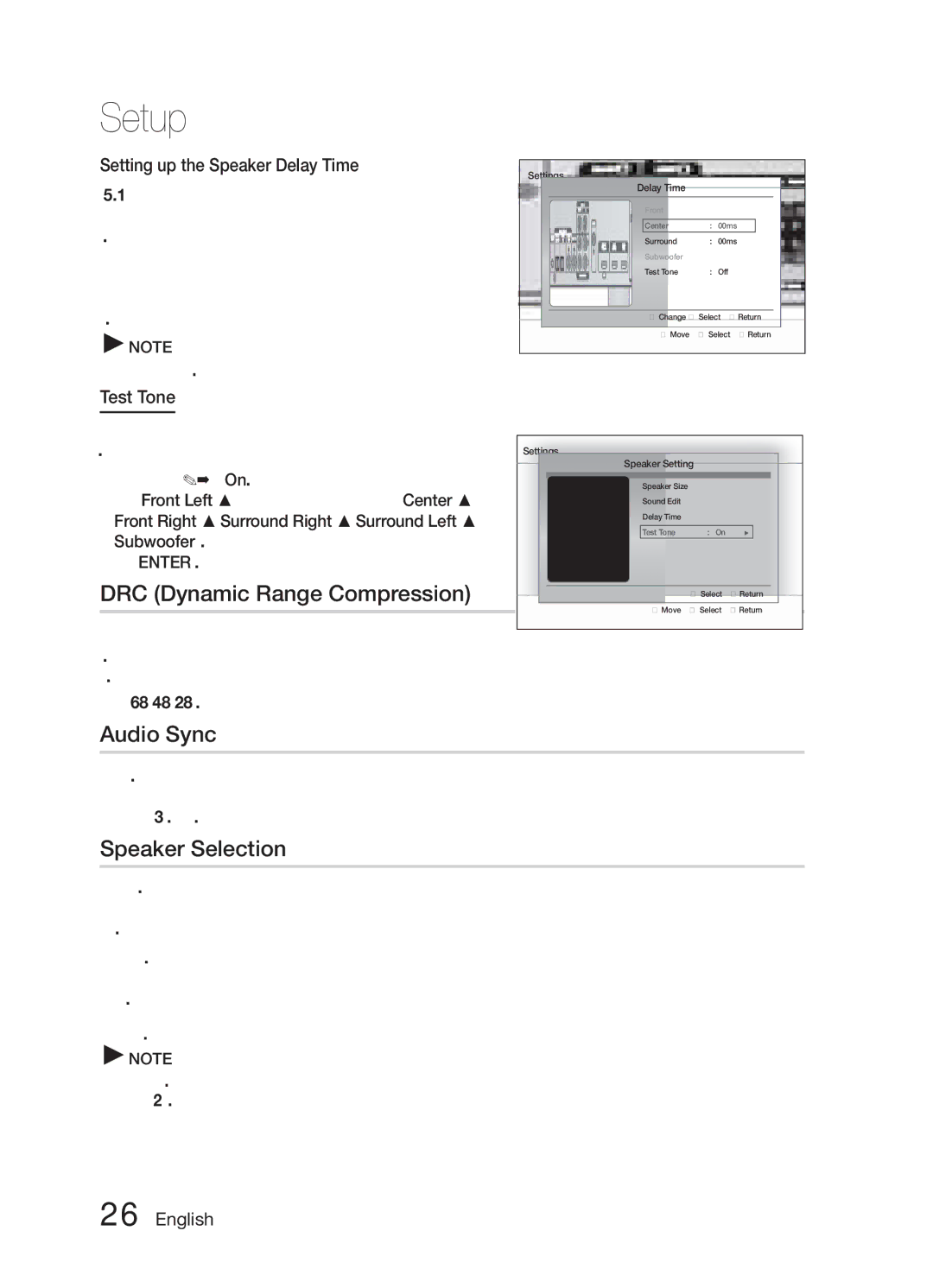 Samsung HW-E6500/XV manual DRC Dynamic Range Compression, Audio Sync, Speaker Selection, Setting up the Speaker Delay Time 