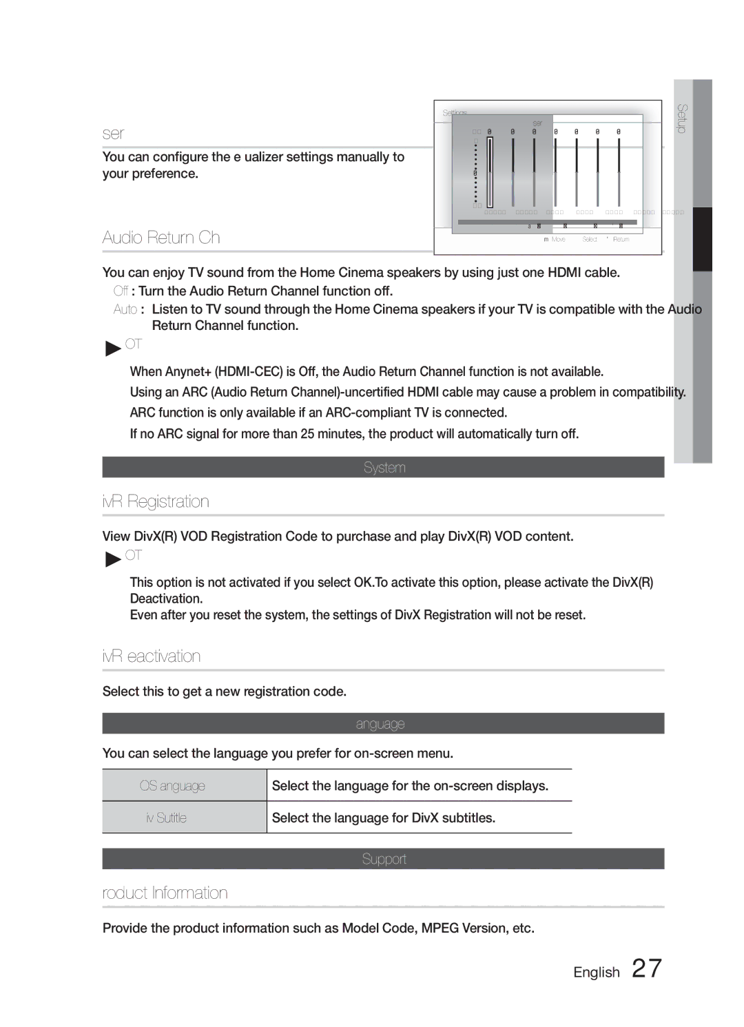 Samsung HW-E6500/XV manual User EQ, Audio Return Ch, DivXR Registration, DivXR Deactivation, Product Information 