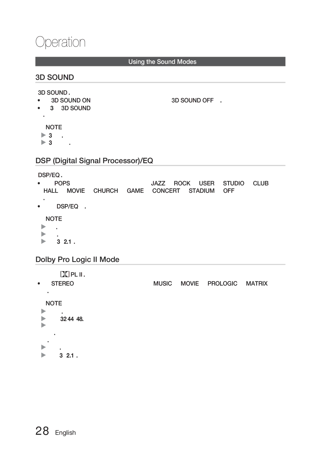 Samsung HW-E6500/XV manual Operation, DSP Digital Signal Processor/EQ, Dolby Pro Logic II Mode, Using the Sound Modes 