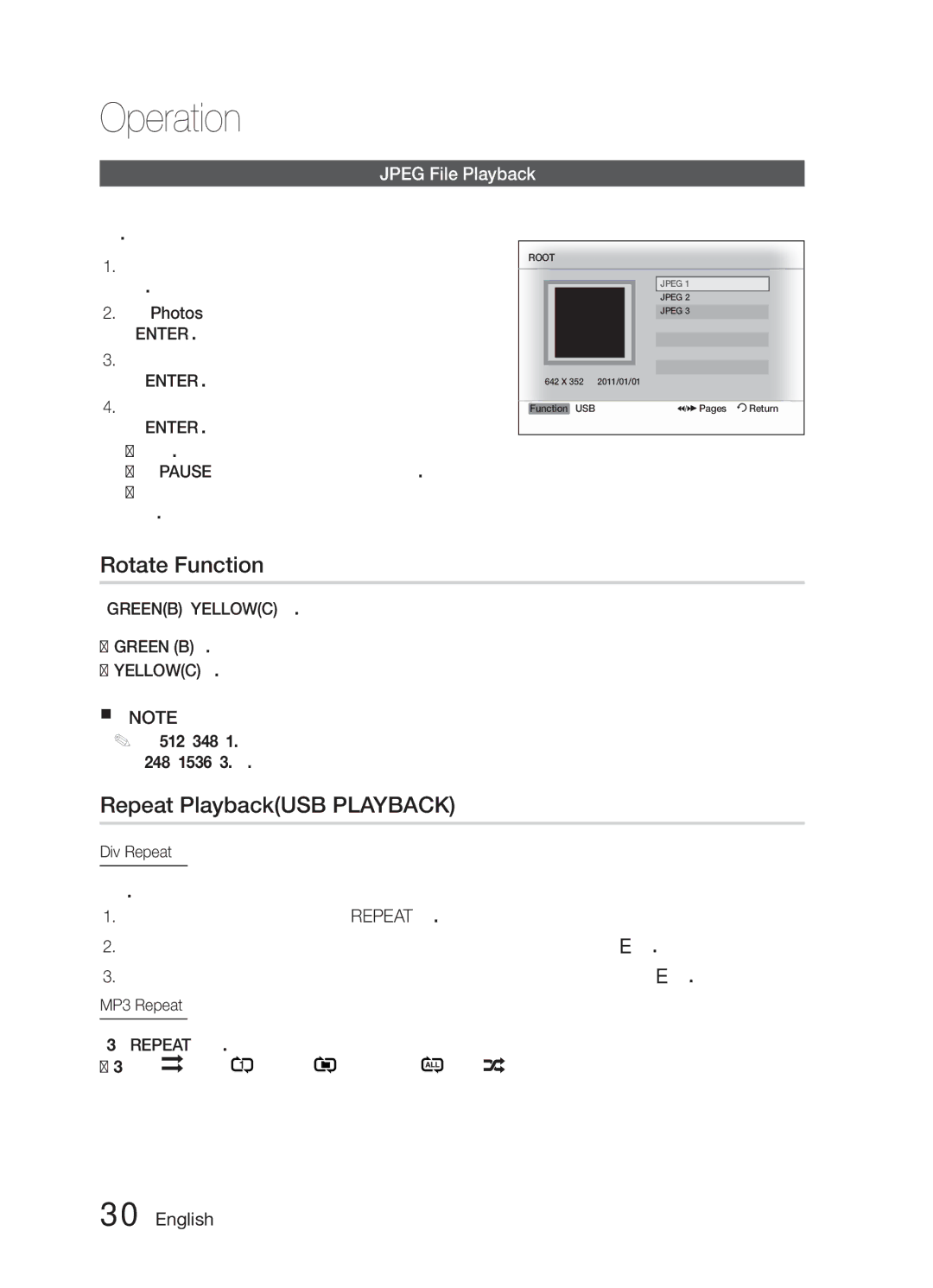 Samsung HW-E6500/XV manual Rotate Function, Repeat PlaybackUSB Playback, Jpeg File Playback 