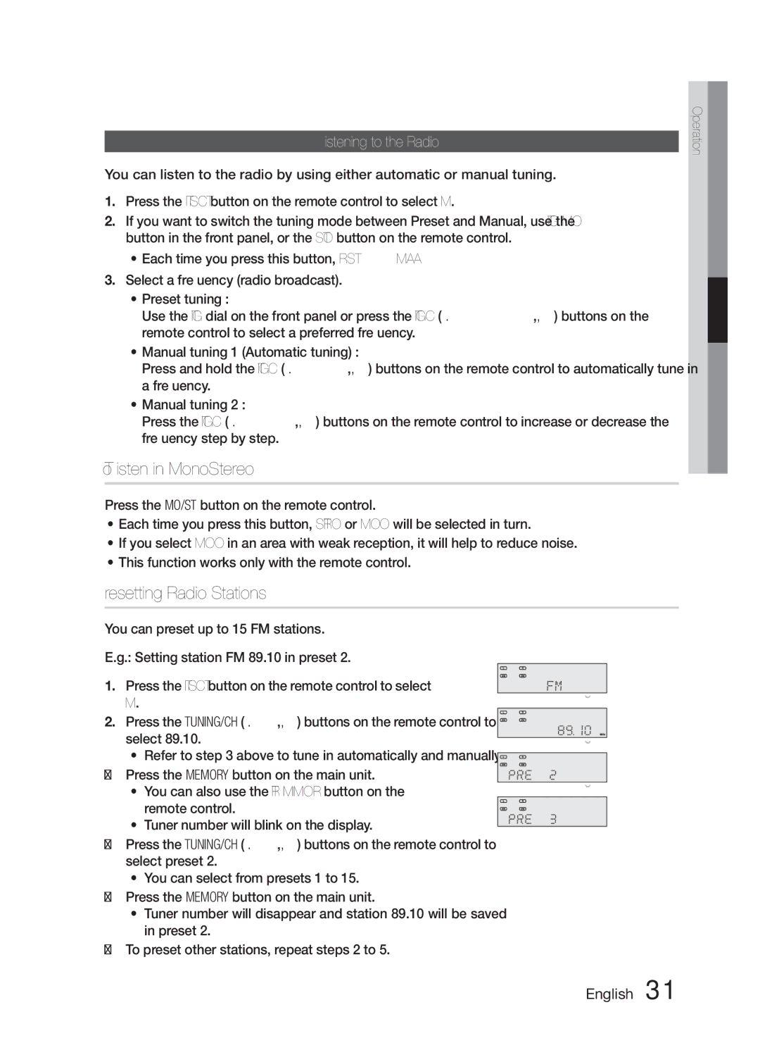 Samsung HW-E6500/XV manual To Listen in Mono/Stereo, Presetting Radio Stations, Listening to the Radio 