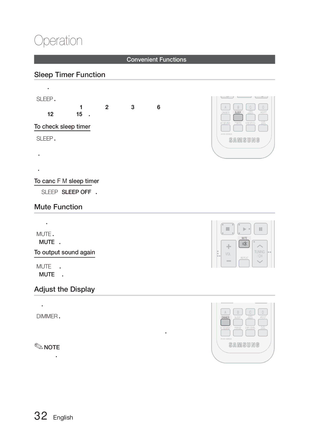 Samsung HW-E6500/XV manual Sleep Timer Function, Mute Function, Adjust the Display, Convenient Functions 