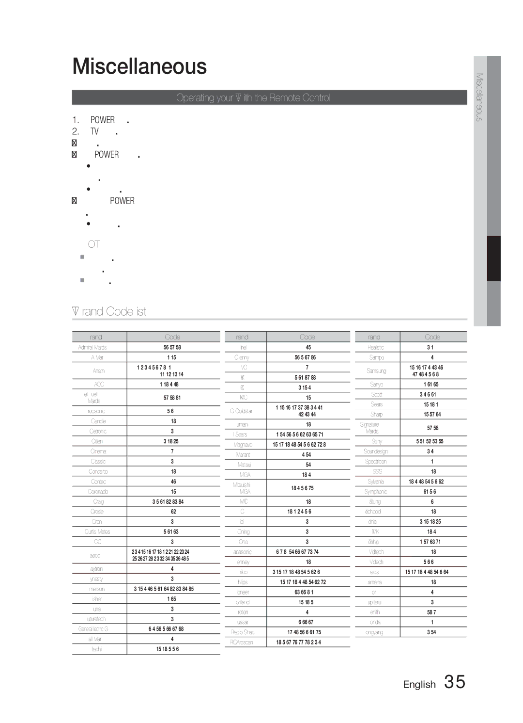 Samsung HW-E6500/XV manual Miscellaneous, TV Brand Code List, Operating your TV with the Remote Control 