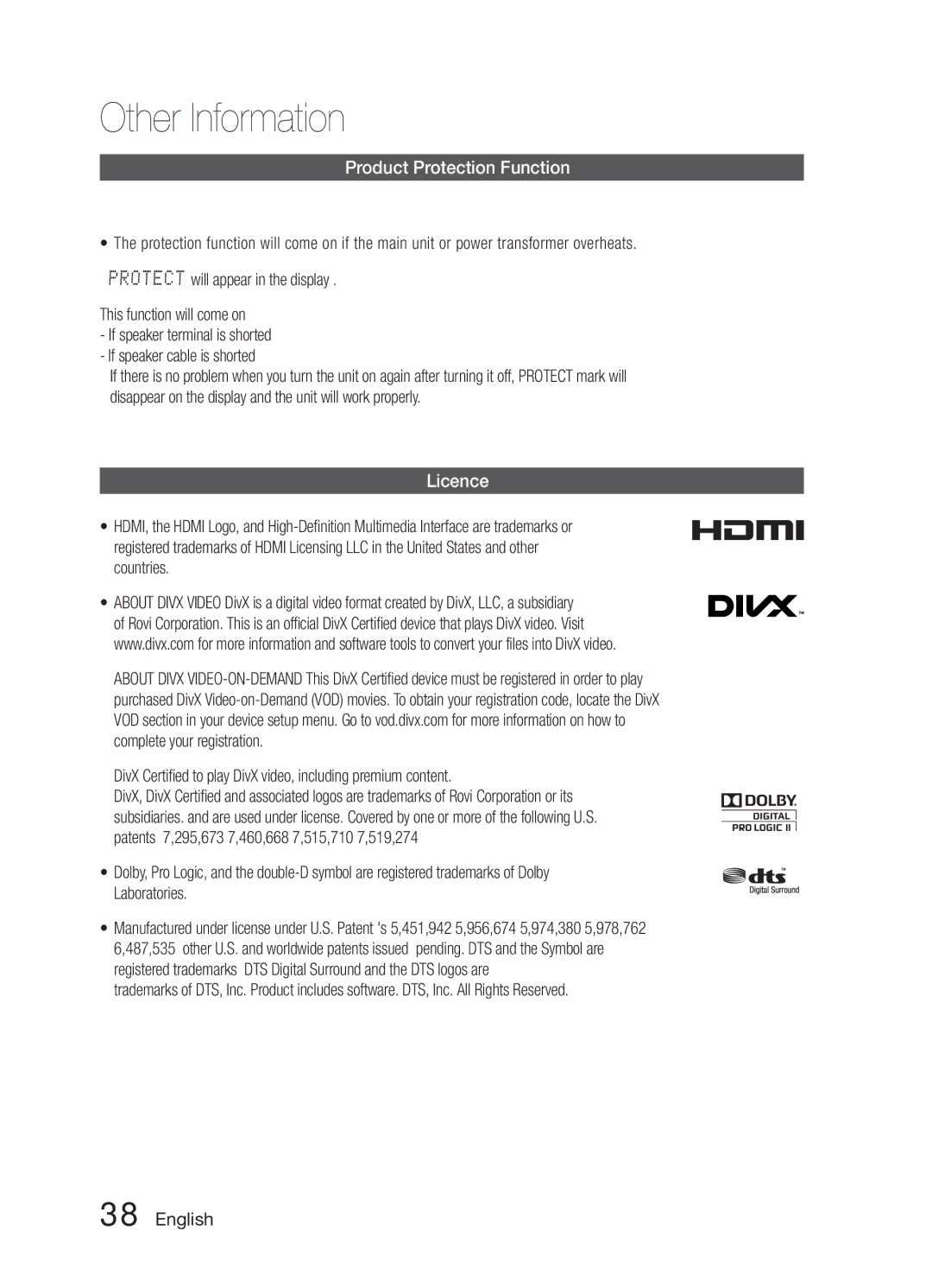 Samsung HW-E6500/XV manual Product Protection Function, Licence 