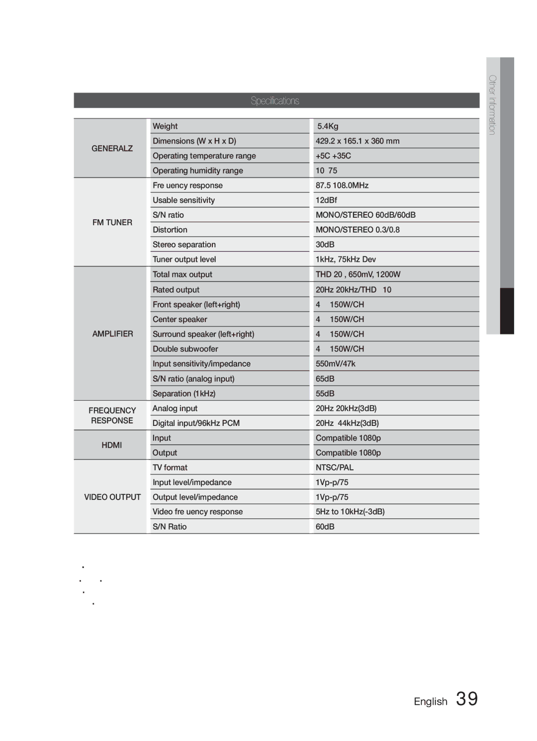 Samsung HW-E6500/XV manual Specifications, FM Tuner 