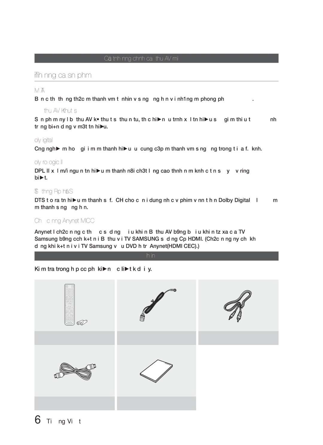 Samsung HW-E6500/XV manual Bắt đầu, Tính năng của sản phẩm, Các tính năng chính của Bộ thu AV mới, Phụ kiện 