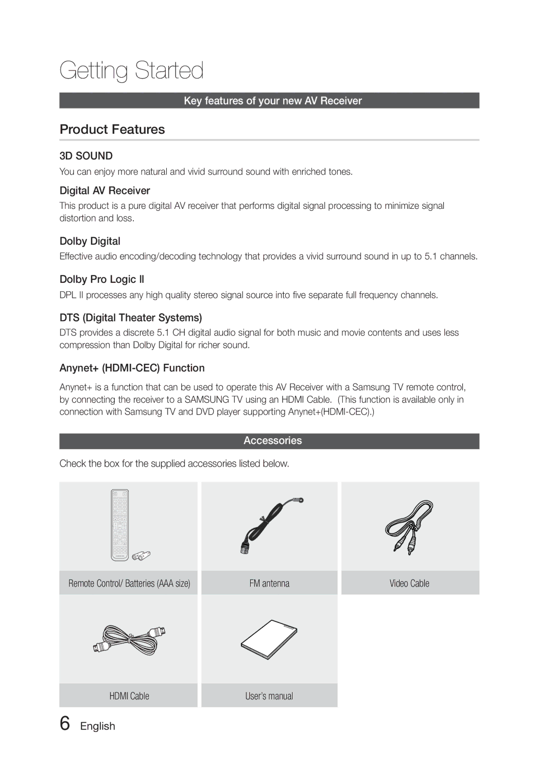 Samsung HW-E6500/XV manual Getting Started, Product Features, Key features of your new AV Receiver, Accessories 