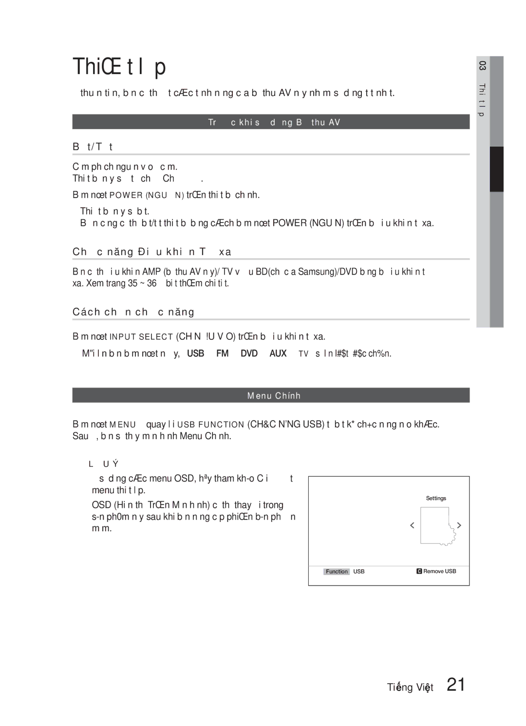 Samsung HW-E6500/XV manual Thiết lập, Bật/Tắt, Chức năng Điều khiển Từ xa, Cách chọn chức năng 