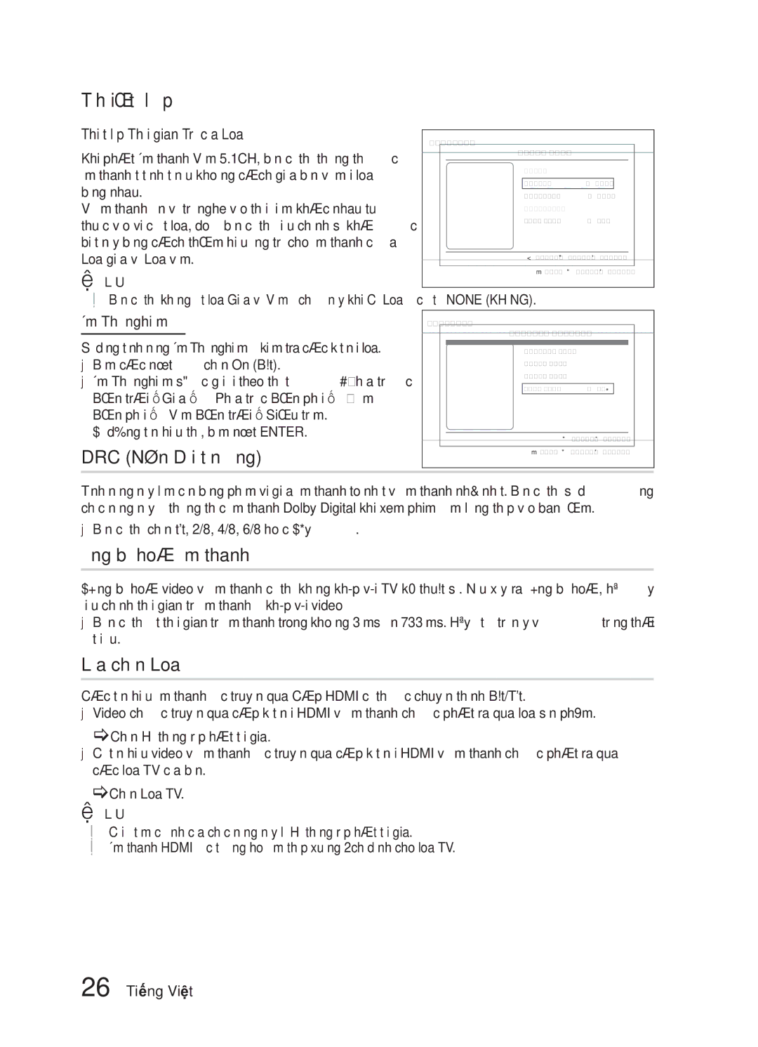 Samsung HW-E6500/XV manual DRC Nén Dải tần Động, Đồng bộ hoá âm thanh, Lựa chọn Loa, Thiết lập Thời gian Trễ của Loa 