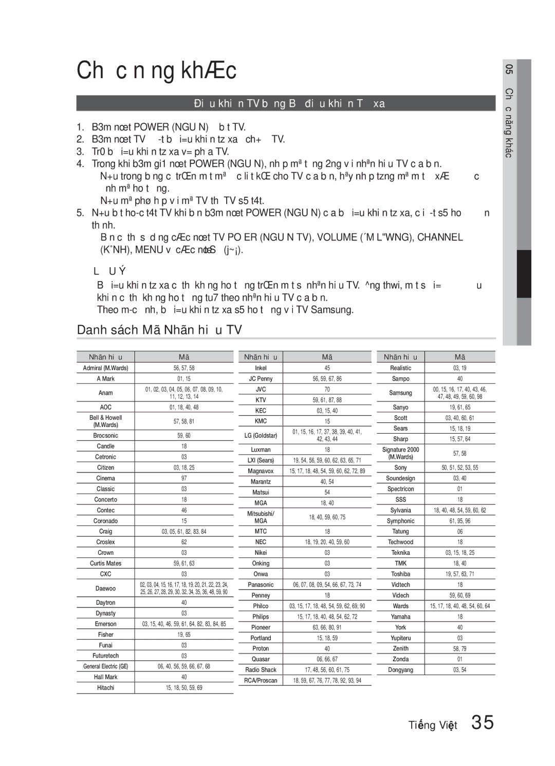 Samsung HW-E6500/XV manual Chức năng khác, Danh sách Mã Nhãn hiệu TV, Điều khiển TV bằng Bộ điều khiển Từ xa 