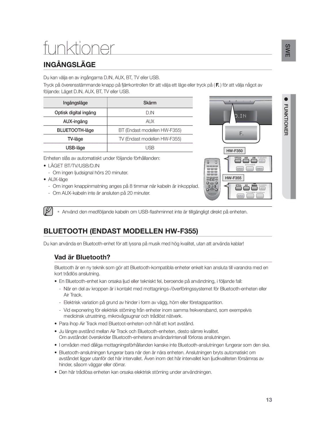 Samsung HW-F350/XE manual Funktioner, Vad är Bluetooth?, Läget BT/TV/USB/D.IN 