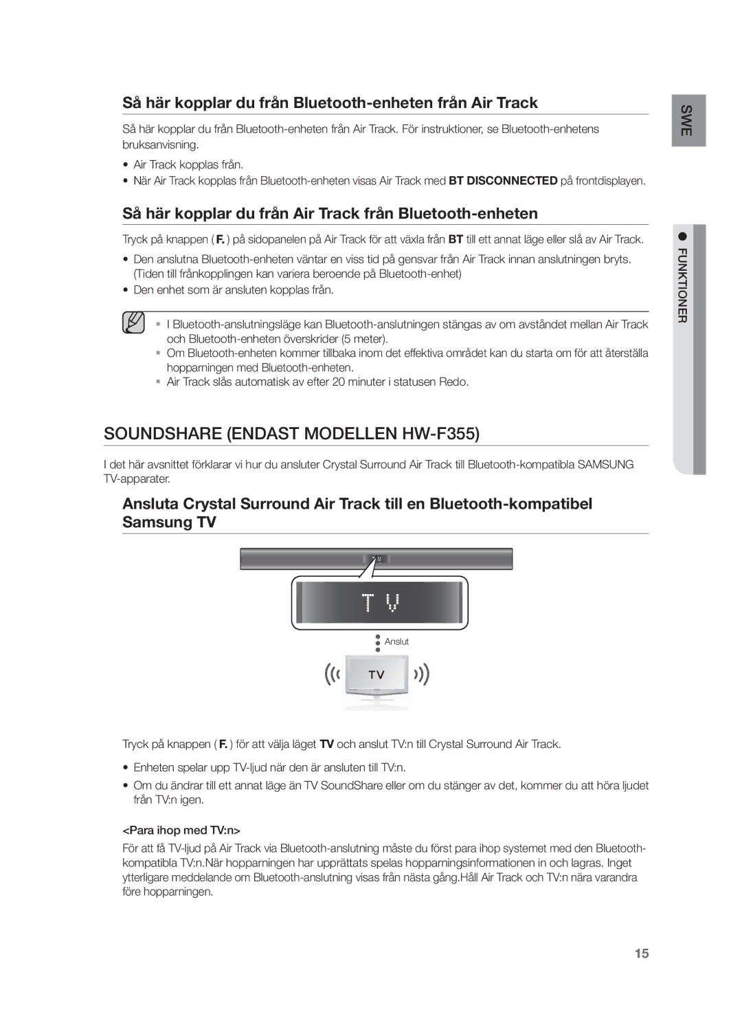 Samsung HW-F350/XE manual Soundshare Endast Modellen HW-F355, Så här kopplar du från Bluetooth-enheten från Air Track 