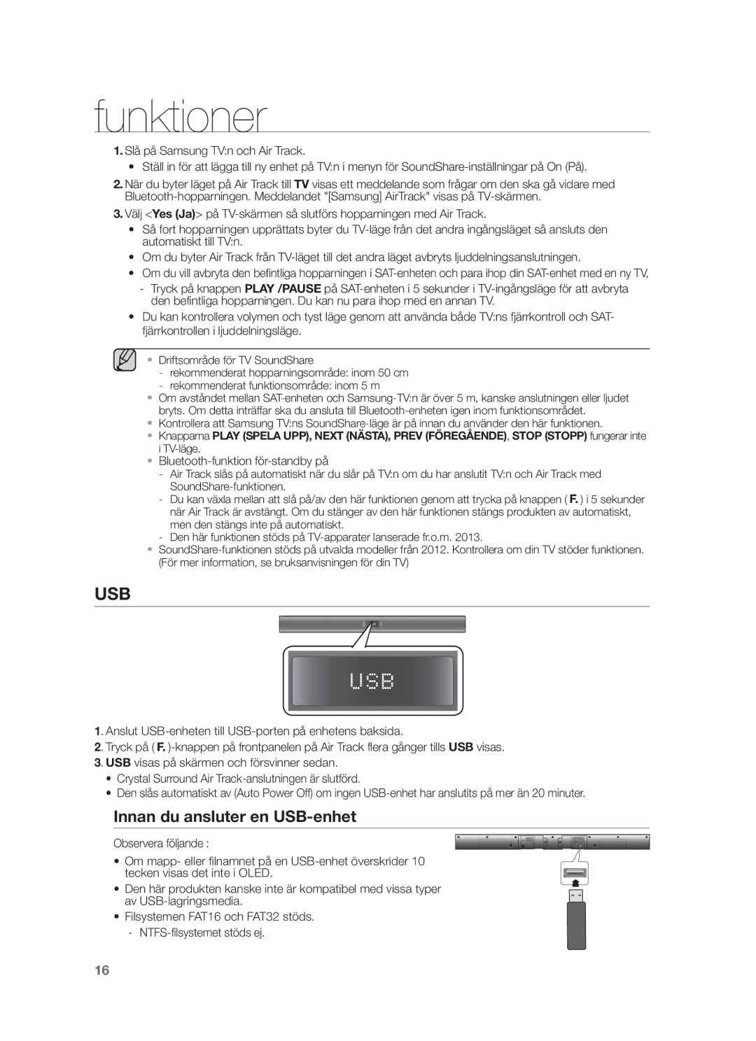 Samsung HW-F350/XE manual Innan du ansluter en USB-enhet, Bluetooth-funktion för-standby på 