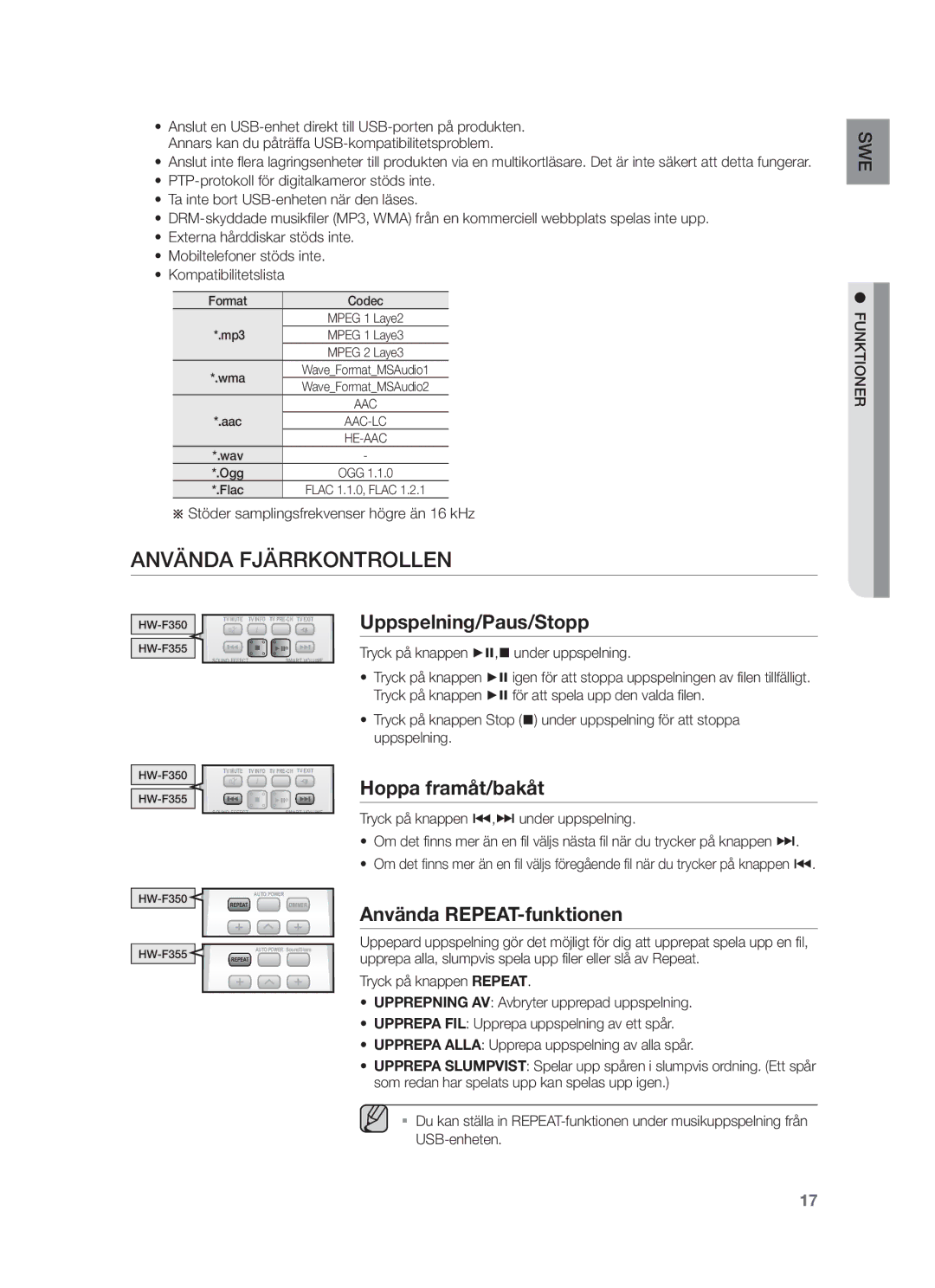 Samsung HW-F350/XE manual Använda Fjärrkontrollen, Uppspelning/Paus/Stopp, Hoppa framåt/bakåt, Använda REPEAT-funktionen 