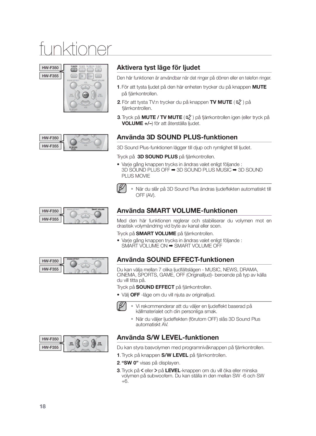 Samsung HW-F350/XE manual Aktivera tyst läge för ljudet, Använda 3D Sound PLUS-funktionen, Använda Smart VOLUME-funktionen 