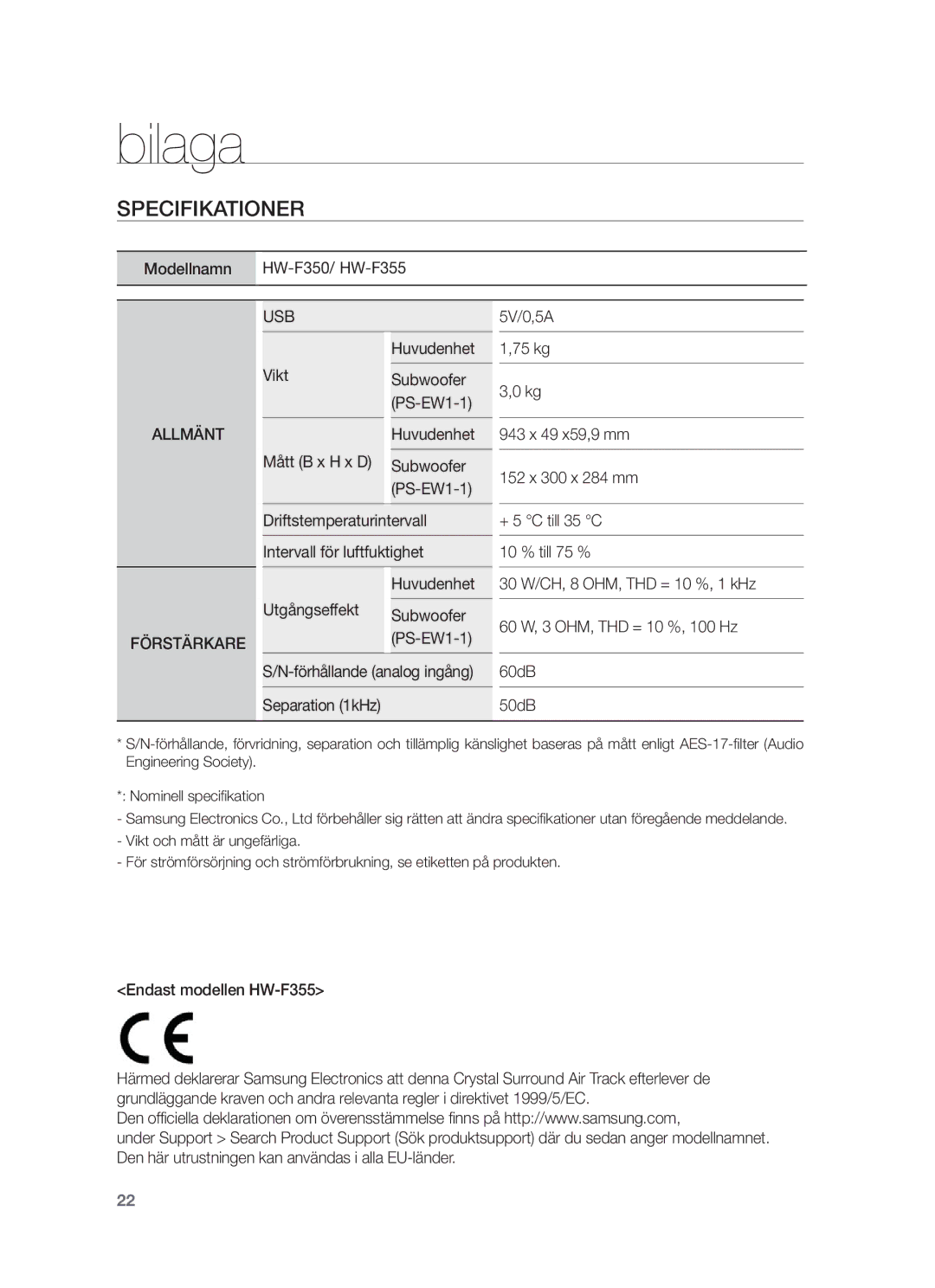 Samsung HW-F350/XE manual Bilaga, Specifikationer 