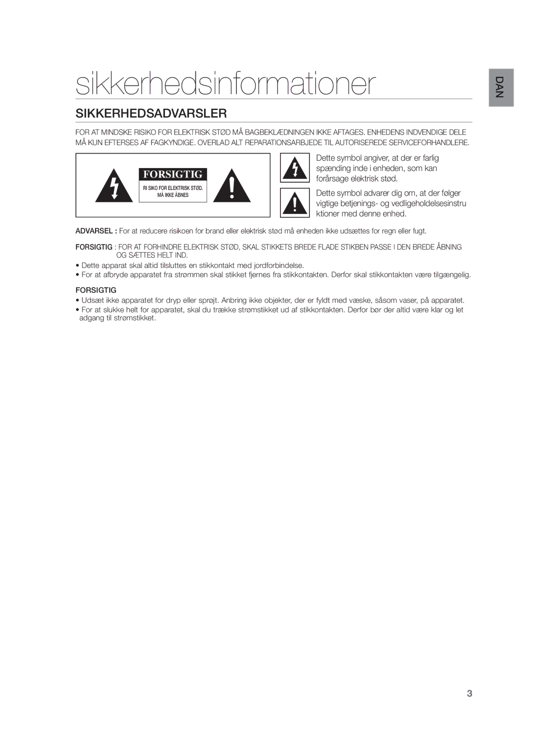 Samsung HW-F350/XE manual Sikkerhedsinformationer, Sikkerhedsadvarsler 