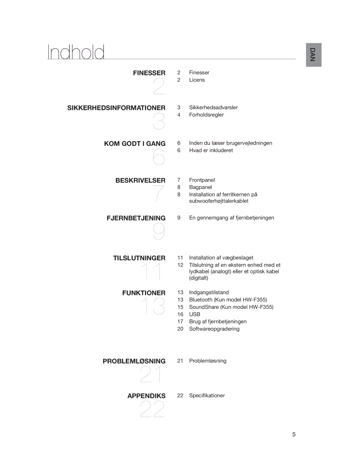 Samsung HW-F350/XE manual Indhold 