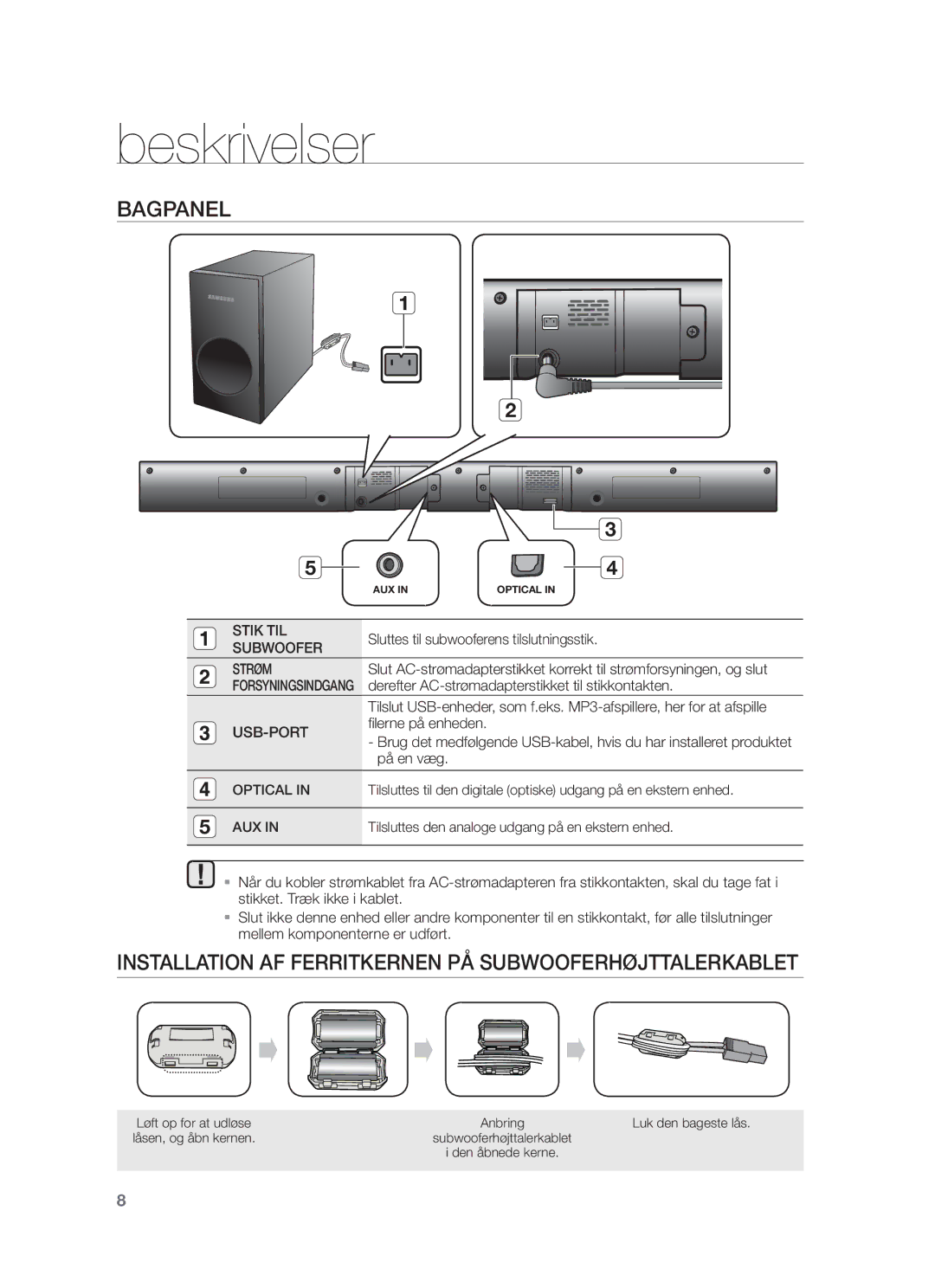 Samsung HW-F350/XE manual Bagpanel, Installation AF Ferritkernen PÅ Subwooferhøjttalerkablet, Stik TIL, Strøm, Usb-Port 