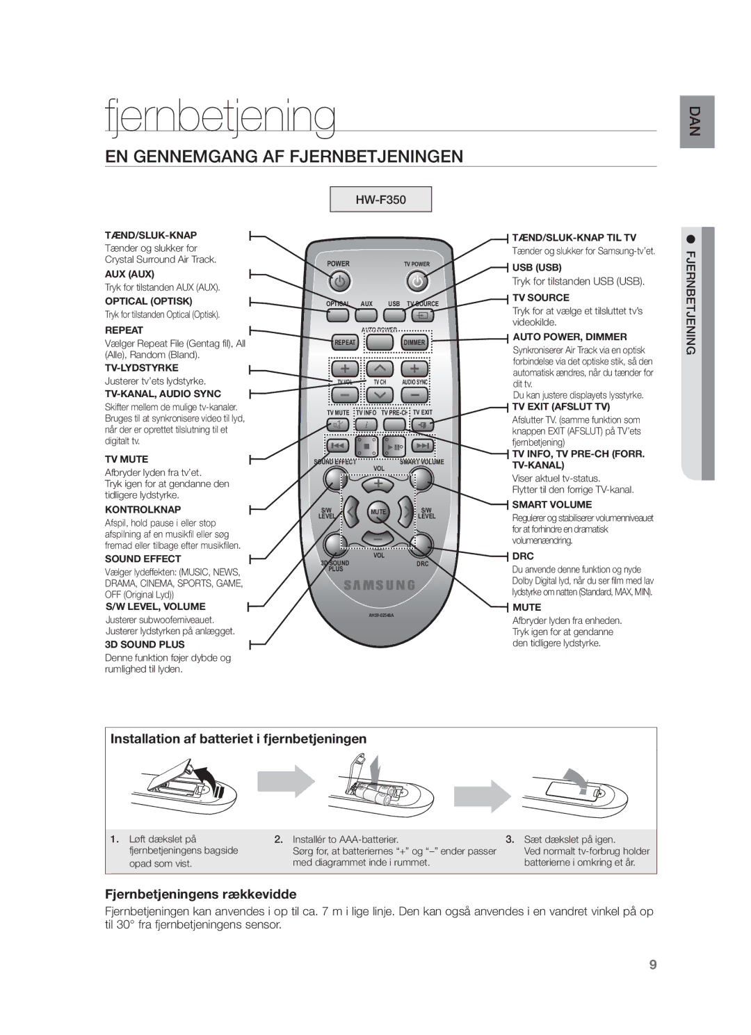 Samsung HW-F350/XE manual EN Gennemgang AF Fjernbetjeningen, Tryk for tilstanden USB USB 