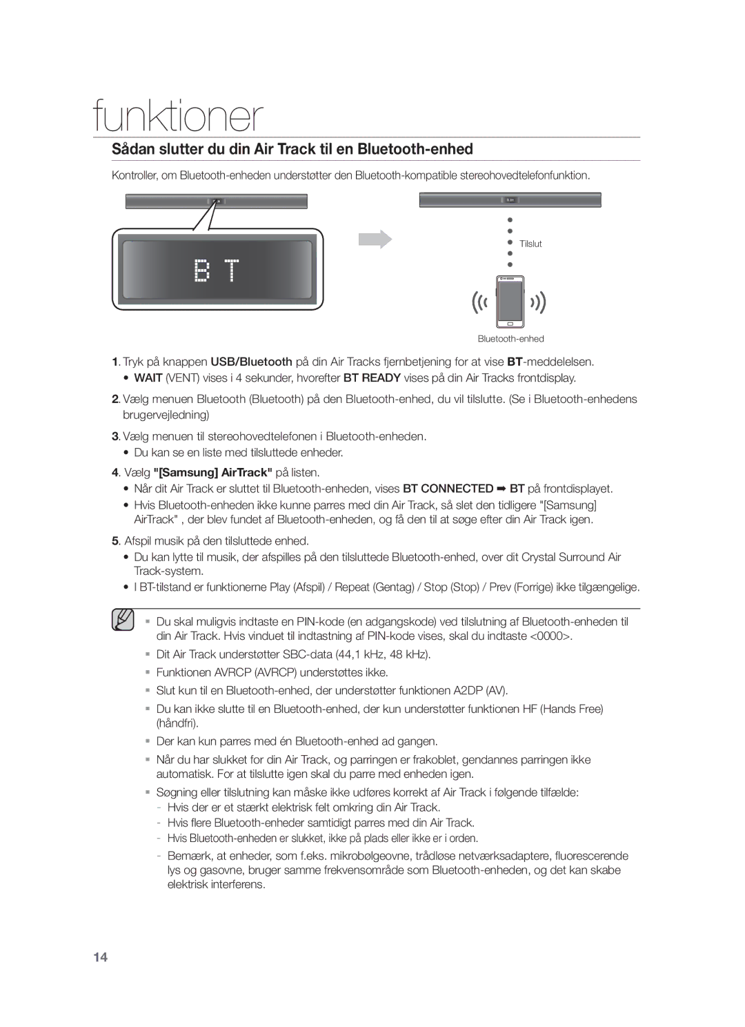 Samsung HW-F350/XE manual Sådan slutter du din Air Track til en Bluetooth-enhed 