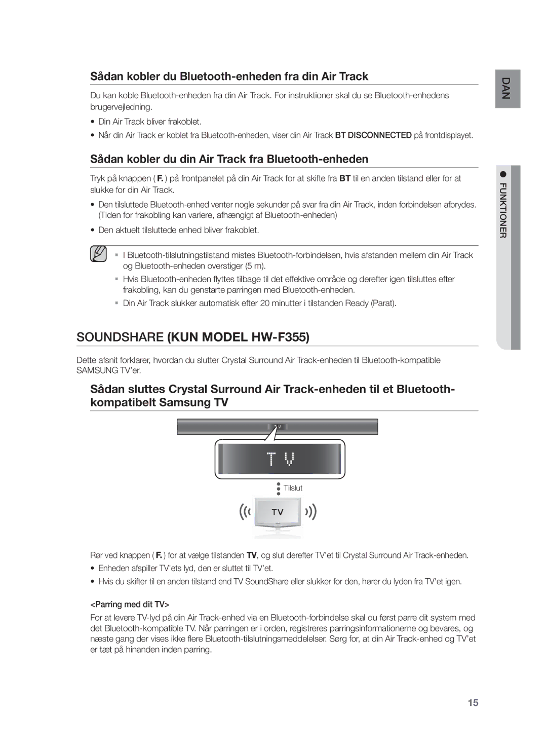 Samsung HW-F350/XE manual Sådan kobler du Bluetooth-enheden fra din Air Track, Parring med dit TV, Tilslut 