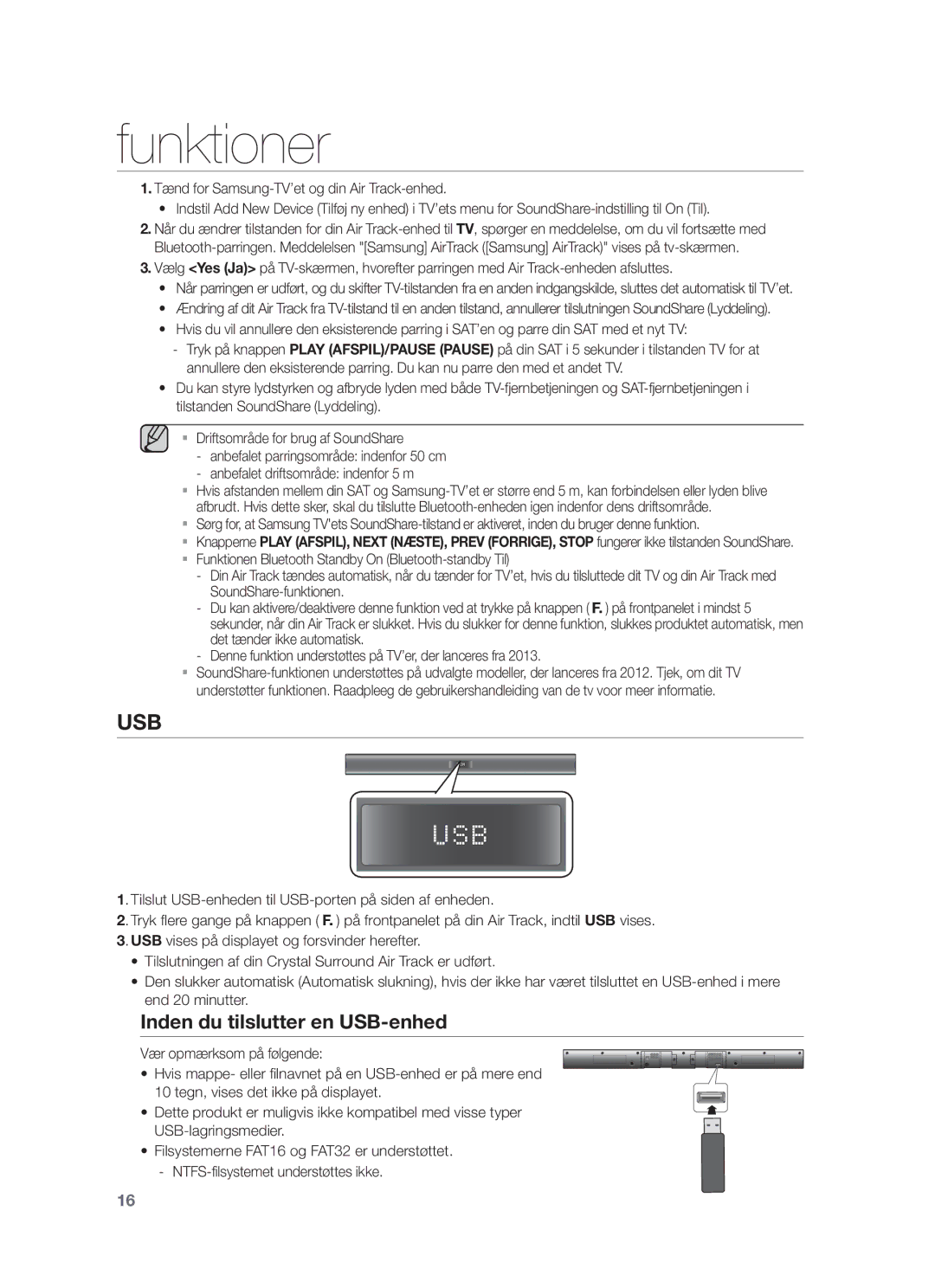 Samsung HW-F350/XE manual Inden du tilslutter en USB-enhed 