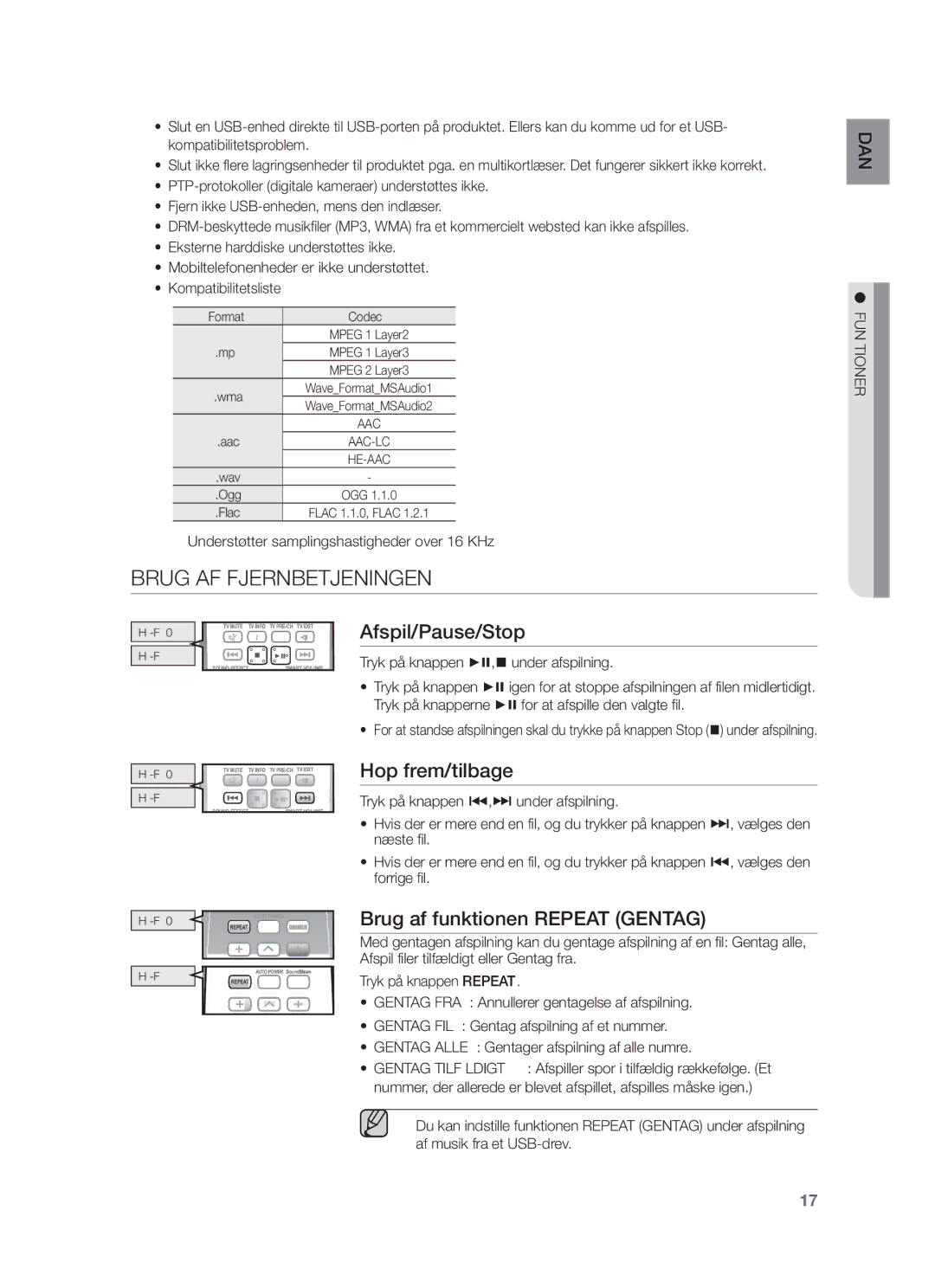 Samsung HW-F350/XE manual Brug AF Fjernbetjeningen, Afspil/Pause/Stop, Hop frem/tilbage, Brug af funktionen Repeat Gentag 