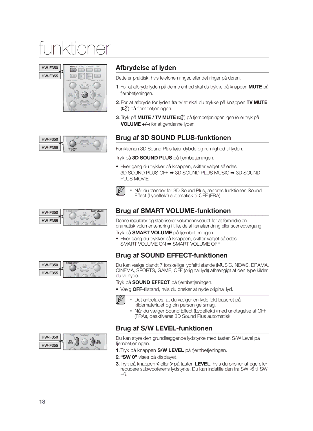 Samsung HW-F350/XE manual Afbrydelse af lyden, Brug af 3D Sound PLUS-funktionen, Brug af Smart VOLUME-funktionen 