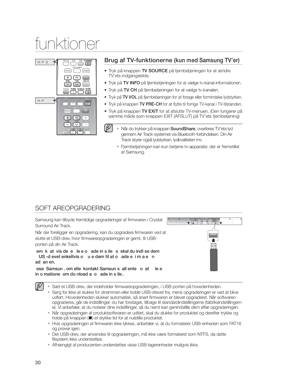 Samsung HW-F350/XE manual Softwareopgradering, Brug af TV-funktionerne kun med Samsung TV’er 