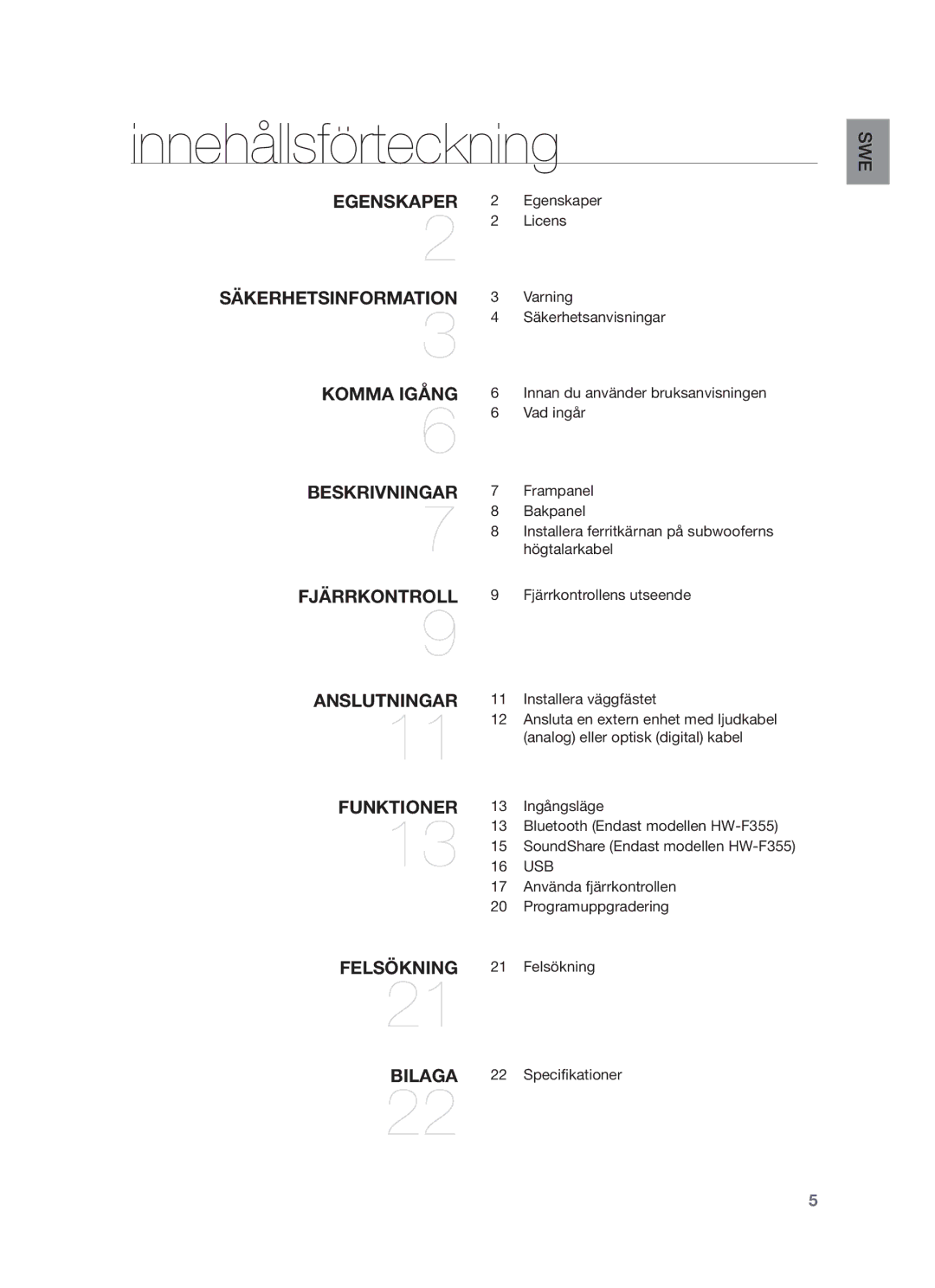 Samsung HW-F350/XE manual Innehållsförteckning 